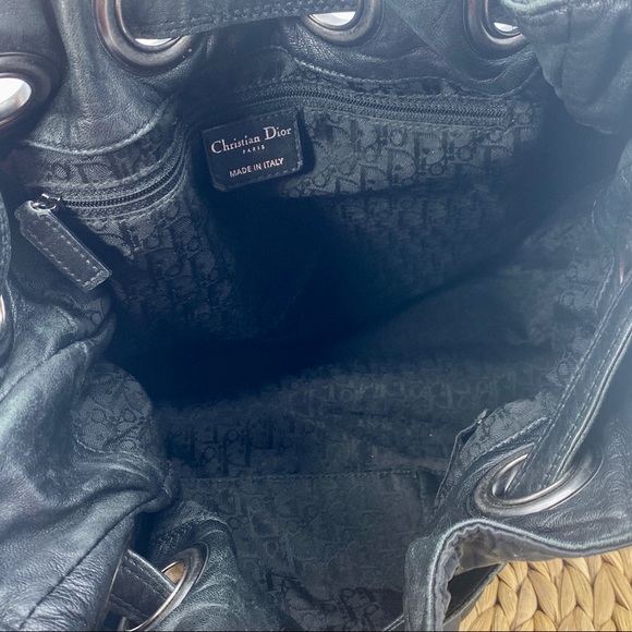 CHRISTIAN DIOR BLACK SATIN LEATHER CANAGE SHOULDER DRAWSTRING HOBO BAG LARGE - Picture 5 of 7